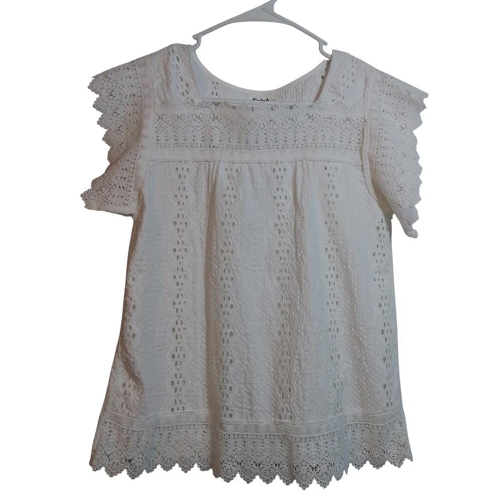 Anthropologie Kindred Solid White Eyelet Cotton Top Natural Cottage Size Small